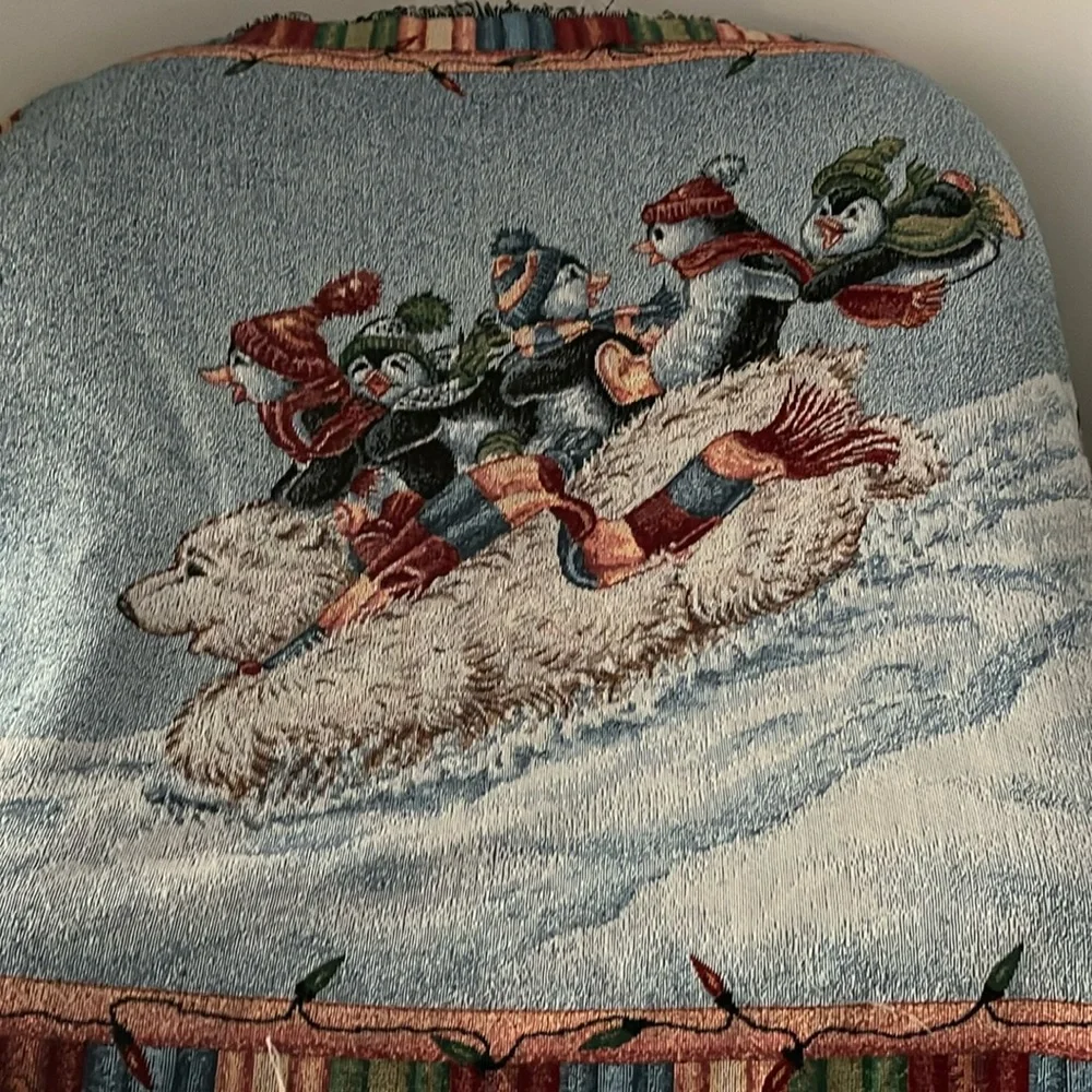 Christmas Polar Bear & Penguins Tapestry Throw. Pre Owned